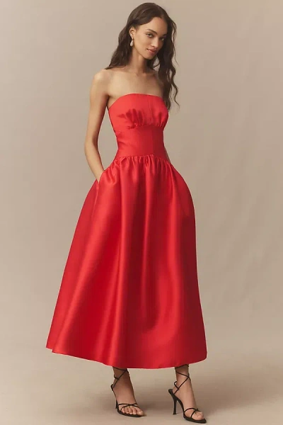 Shoshanna Mikado Posy Strapless Midi Dress In Red