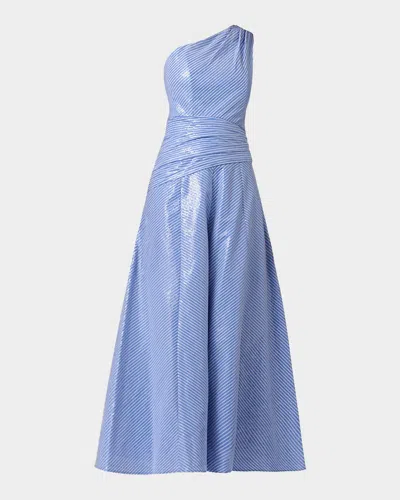 Shoshanna Nikki Sequined Striped One-shoulder Gown In Blue