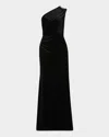 Shoshanna Ola Pleated One-shoulder Stretch Velvet Gown In Black