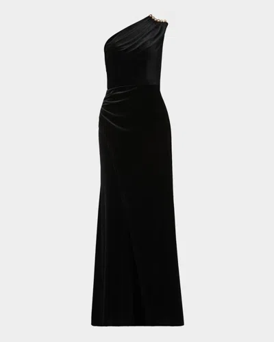 Shoshanna Ola Pleated One-shoulder Stretch Velvet Gown In Black