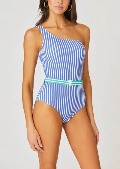 Shoshanna One Shoulder One Piece Swimsuit In Sea Blue/optic In Sea Blue Optic