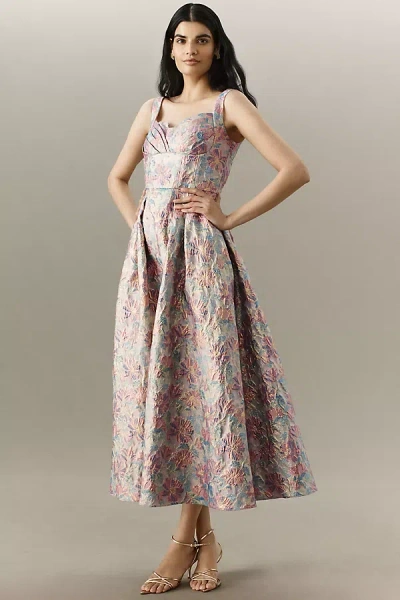Shoshanna Ophelia Sleeveless Sweetheart Jacquard Midi Dress In Purple