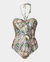 Shoshanna Paisley Cinched One-piece Swimsuit In Verde Multi
