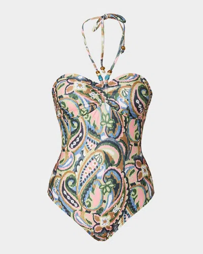 Shoshanna Paisley Cinched One-piece Swimsuit In Verde Multi