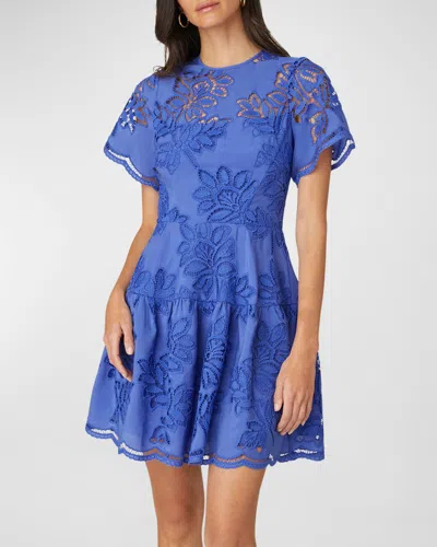 Shoshanna Petra Tiered Eyelet Embroidered Mini Dress In Blue