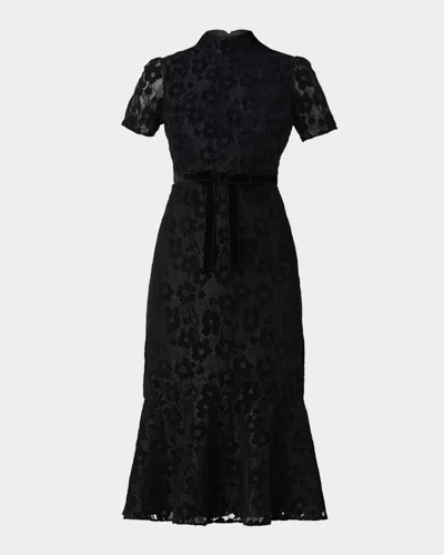 SHOSHANNA PIERRE BOW-FRONT LACE MERMAID MIDI DRESS