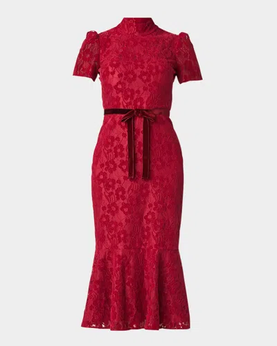 Shoshanna Pierre Mock-neck Floral Lace Midi Dress In Scarlett