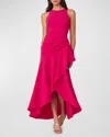Shoshanna Pleated High-low Ruffle Gown In Magenta
