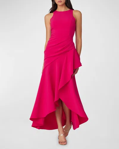 Shoshanna Pleated High-low Ruffle Gown In Magenta