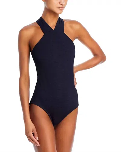 Shoshanna Plisse High Neck One Piece Swimsuit In Black In Blue