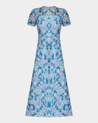 Shoshanna Preston Lace Short-sleeve Tea-length Dress In Blue