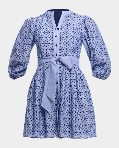 Shoshanna Rainey Mini Embroidered Eyelet Belted Dress In Ceruleannavy