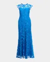 Shoshanna Raven Cap-sleeve Floral Lace Gown In Electric Blue