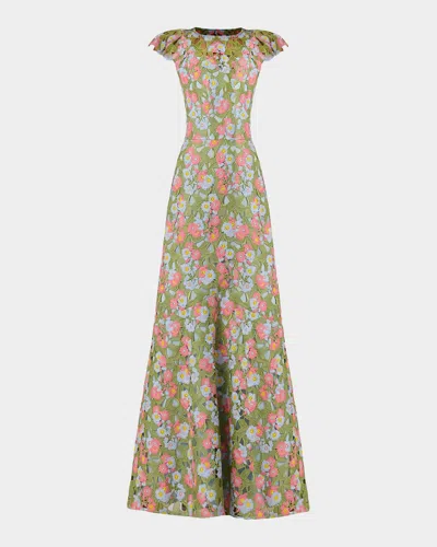 Shoshanna Raven Cap-sleeve Floral Lace Gown In Garden Multi