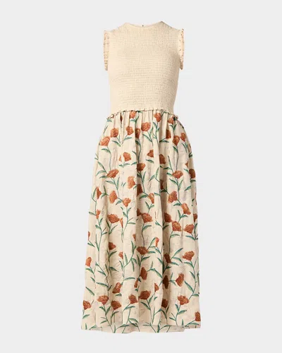 Shoshanna Roberta Smocked Floral-embroidered Midi Dress In Multi