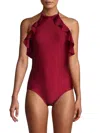 Shoshanna Ruffle Halter One Piece Swimsuit In Syrah In Red