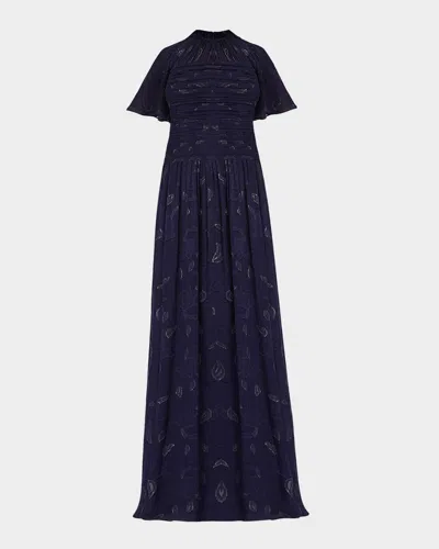 Shoshanna Serafina Flutter-sleeve Floral Burnout Gown In Blue