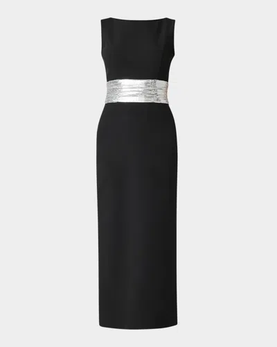 Shoshanna Sia Sleeveless Sequin Bow Midi Dress In Jetsilver
