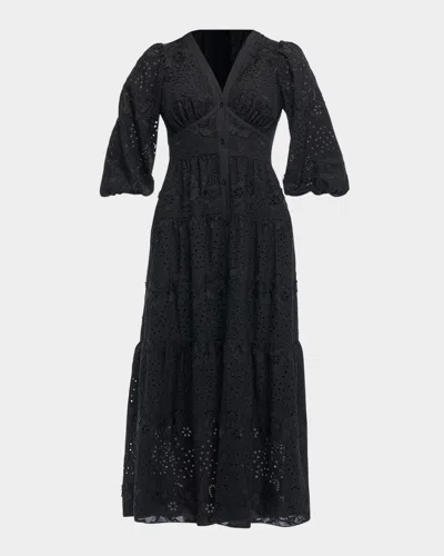 Shoshanna Sicily 3/4-sleeve Floral Embroidered Midi Dress In Jet