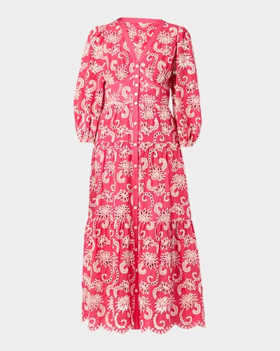 Shoshanna Sicily Tiered Eyelet-embroidered Midi Dress In Raspberryivory