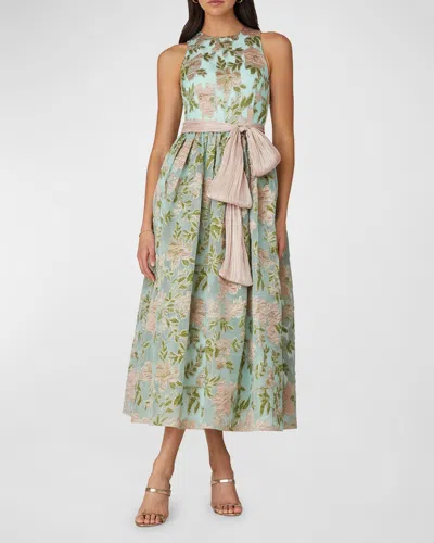 Shoshanna Sleeveless Floral Jacquard Midi Dress In Verdepink