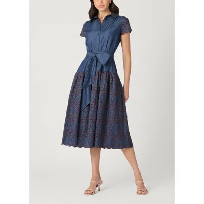 Shoshanna Sofia Embroidered Denim Chambray Dress In Blue