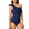 Shoshanna Solid One Shoulder Ruffle One Piece In Navy Gingham In Blue