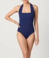 Shoshanna Solid Texture Retro Halter One Piece In Blue