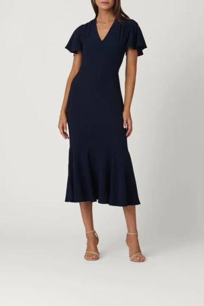 Shoshanna Lorrie Flounce Crepe Midi Dress In Blue