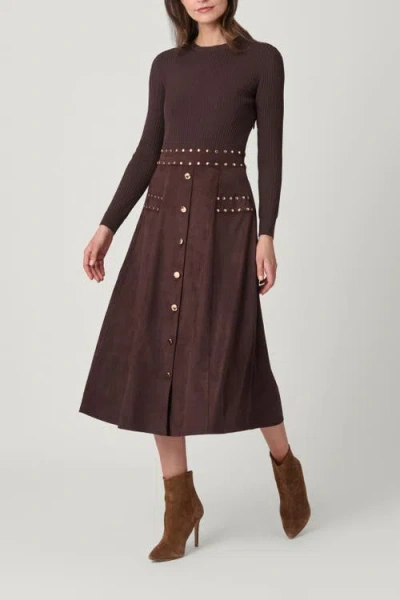 Shoshanna Suede Knit Mixed Media Cleo Dress In Brown