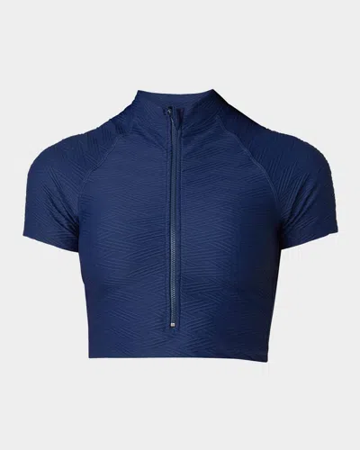 Shoshanna Textured Short-sleeve Rashguard Swim Top In Blue