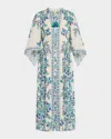 Shoshanna Tie-sleeve Button-front Midi Dress In Ocean Blue Multi