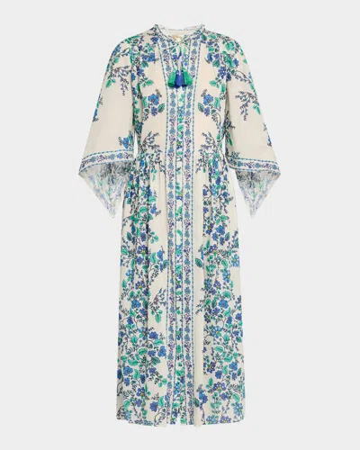 Shoshanna Tie-sleeve Button-front Midi Dress In Ocean Blue Multi
