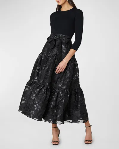 Shoshanna Tiered Floral Jacquard Midi Dress In Jet