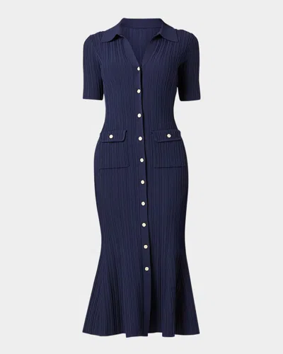 Shoshanna Tulip Rib Knit Button-down Midi Dress In Blue