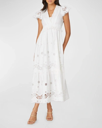 Shoshanna Varah Broderie Anglaise Flutter-sleeve Midi Dress In Optic White