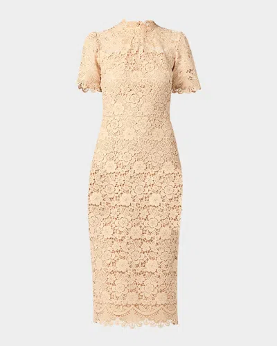 Shoshanna Vivienne Scalloped Floral Lace Midi Dress In Brown