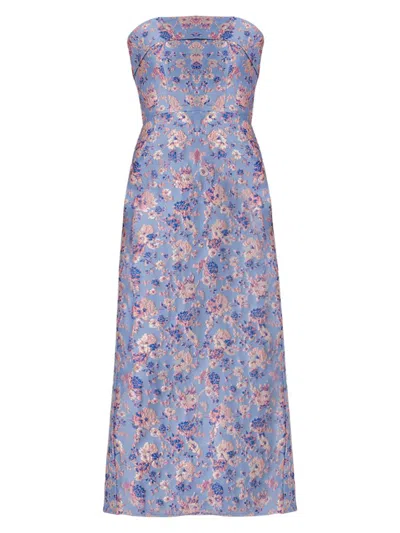 Shoshanna Callie Strapless Floral Jacquard Midi Dress In Blue