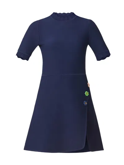 Shoshanna Celeste Floral-embellished Knit Mini Dress In Blue