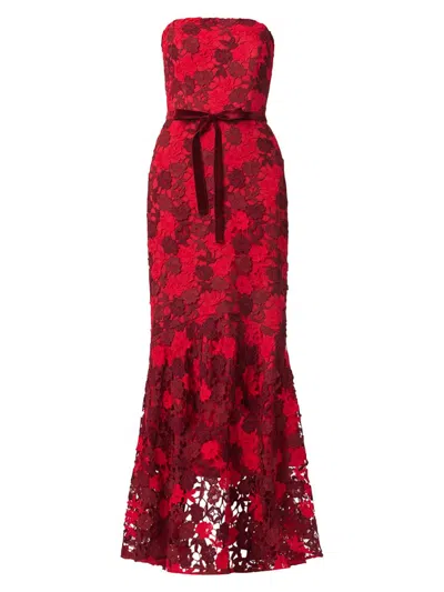 Shoshanna Cierra Strapless Floral Lace High-low Gown In Red