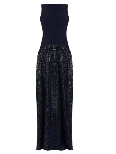 Shoshanna Midnight Dorothy Pleated Sequin Crepe Combo Dress In Blue