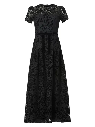 Shoshanna Farah Puff-sleeve Velvet Lace Midi Dress In Black