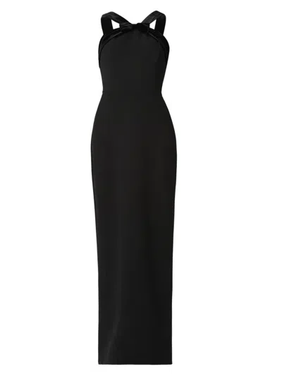 Shoshanna Midnight Gala Velvet Bow Stretch Crepe Maxi Dress In Black