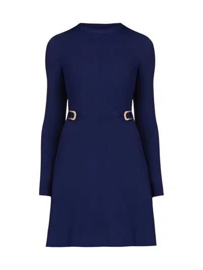 Shoshanna Women's Janice Buckle-detailed Rib-knit Fit & Flare Dress In Blue