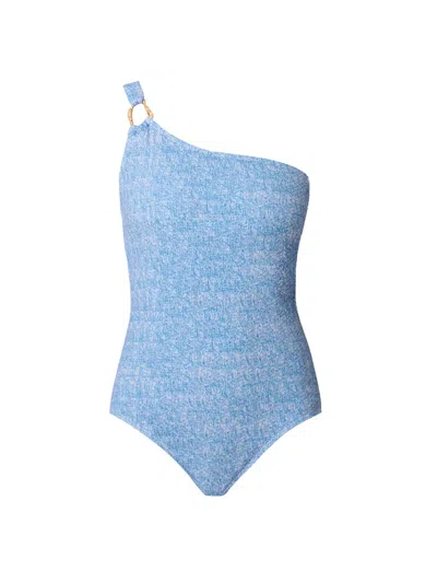 Shoshanna Printed Texture Ring One Shoulder One Piece In Blue