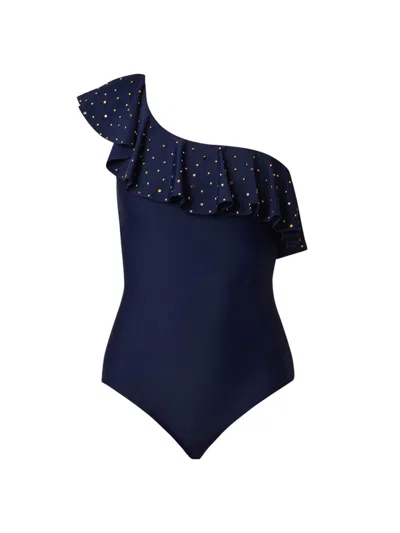 Shoshanna Embellished One Shoulder Ruffle One Piece Swimsuit In Blue