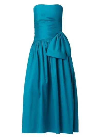 Shoshanna Sonia Strapless Side-bow Satin Midi Dress In Blue