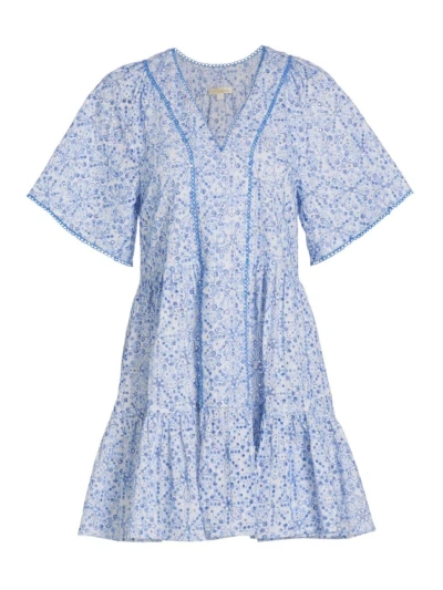 Shoshanna Women's Tiered Broderie Anglaise Short-sleeve Minidress In Blue Ivory
