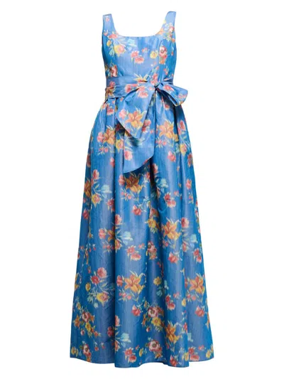 Shoshanna Wren Bow Floral-print Midi Dress In Sky Multi