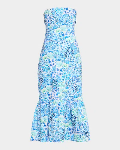 Shoshanna Wright Strapless Floral-print Flounce Midi Dress In Blue